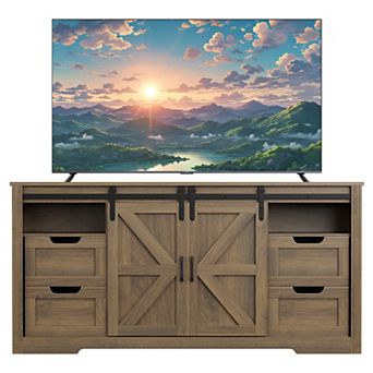 Farmhouse TV Stand for 70 Inch TVs, Rustic Media Console with Sliding Barn Doors for Living Room