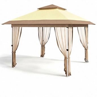 Heavy Duty Pop Up Outdoor Gazebo Tent with Mosquito Netting, Curtains, Vented 2 tier Roof for Lawn