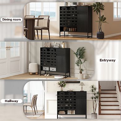 Retro Farmhouse Sideboard Cabinet with Arched Lattice Doors & Drawer, for Living Room, Kitchen