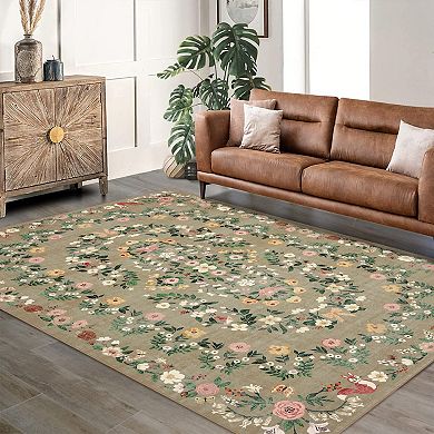 Modern Floral Area Rug Low Pile Non Slip Wear Resistant