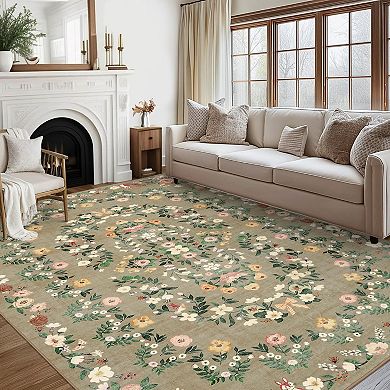 Modern Floral Area Rug Low Pile Non Slip Wear Resistant