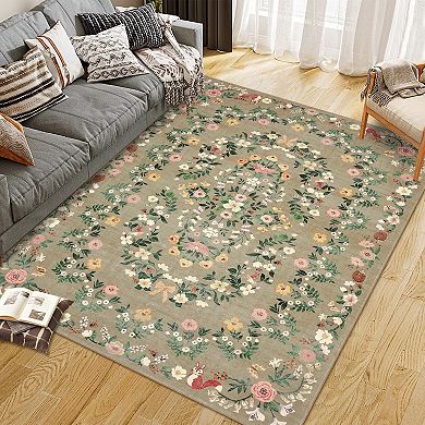 Modern Floral Area Rug Low Pile Non Slip Wear Resistant
