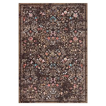 Non Slip Low Pile Floral Vintage Area Rug Durable Wear Resistant for Living Room