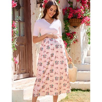 Women's Maternity V Neck Short Sleeve Printed Midi Dress