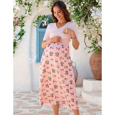 Women's Maternity V Neck Short Sleeve Printed Midi Dress
