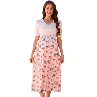 Women's Maternity V Neck Short Sleeve Printed Midi Dress