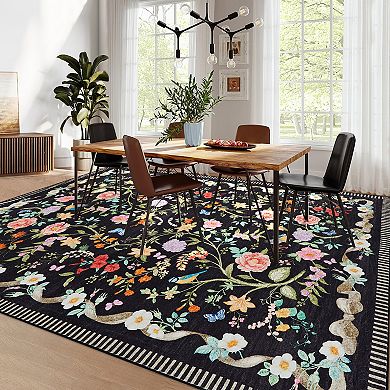 Vintage Floral Bird Area Rug Low Pile Non Slip Durable for High Traffic