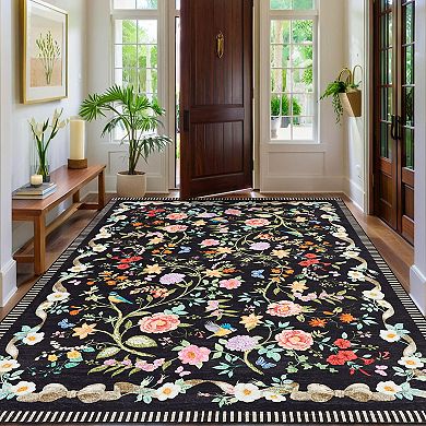 Vintage Floral Bird Area Rug Low Pile Non Slip Durable for High Traffic
