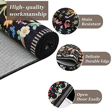 Vintage Floral Bird Area Rug Low Pile Non Slip Durable for High Traffic
