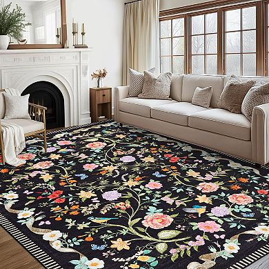 Vintage Floral Bird Area Rug Low Pile Non Slip Durable for High Traffic