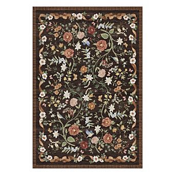 Vintage Floral Bird Area Rug Low Pile Non Slip Durable for High Traffic
