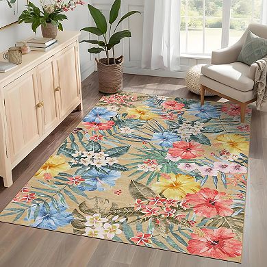Modern Low Pile Non Slip Area Rug Colorful Floral Pattern Wear Resistant