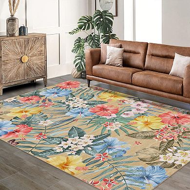 Modern Low Pile Non Slip Area Rug Colorful Floral Pattern Wear Resistant