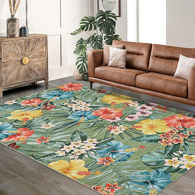Modern Low Pile Non Slip Area Rug Colorful Floral Pattern Wear Resistant