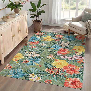 Modern Low Pile Non Slip Area Rug Colorful Floral Pattern Wear Resistant