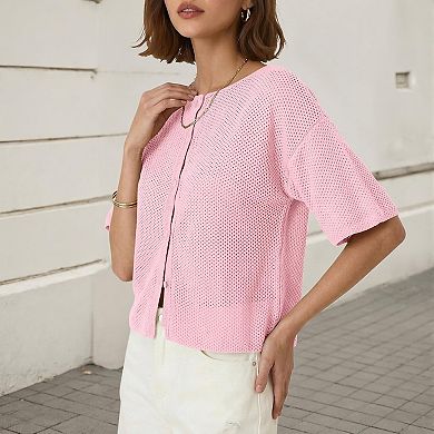 Plus Size Women Short Sleeves Cardigan Lightweight Button Down Sweater