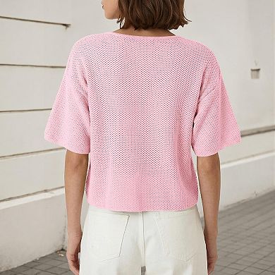 Plus Size Women Short Sleeves Cardigan Lightweight Button Down Sweater