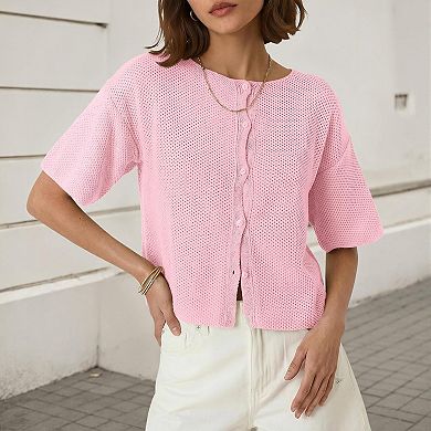 Plus Size Women Short Sleeves Cardigan Lightweight Button Down Sweater