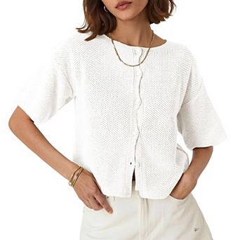 Plus Size Women Short Sleeves Cardigan Lightweight Button Down Sweater