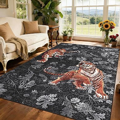 Non Slip Low Pile Area Rug Tiger Pattern Wear Resistant for Living Room
