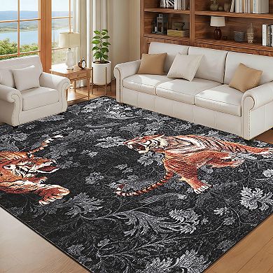 Non Slip Low Pile Area Rug Tiger Pattern Wear Resistant for Living Room