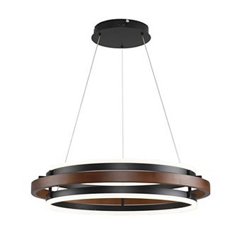Matte Black and Natural Wood 27.5-Inch Round LED Pendant Light for Kitchen Islands