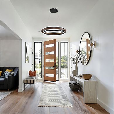 Matte Black and Natural Wood 27.5-Inch Round LED Pendant Light for Kitchen Islands