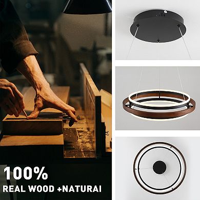 Matte Black and Natural Wood 27.5-Inch Round LED Pendant Light for Kitchen Islands