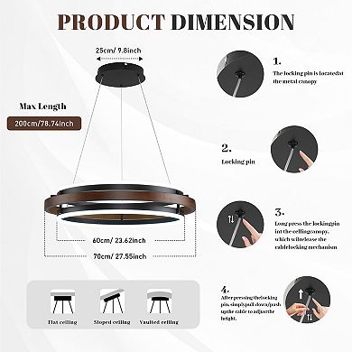 Matte Black and Natural Wood 27.5-Inch Round LED Pendant Light for Kitchen Islands