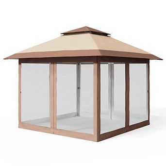 10x10 Folding Gazebo Canopy Tent,Double Vented Roof, Mosquito Netting,4 Sandbags, Wheeled Bag