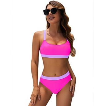 Women's Sport Color Block Two Piece Swimsuit High Waist High Cut Bikini Swimwear