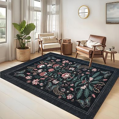 Modern Rustic Botanical Area Rug Machine Washable Non Slip Ultra Thin Rug for Living Room Kitchen