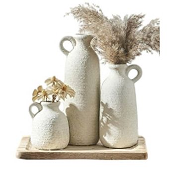 Ceramic Vase Set of 3 with Handle, Rustic Farmhouse Decorative Vases