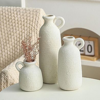 Ceramic Vase Set of 3 with Handle, Rustic Farmhouse Decorative Vases