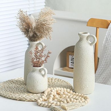 Ceramic Vase Set of 3 with Handle, Rustic Farmhouse Decorative Vases