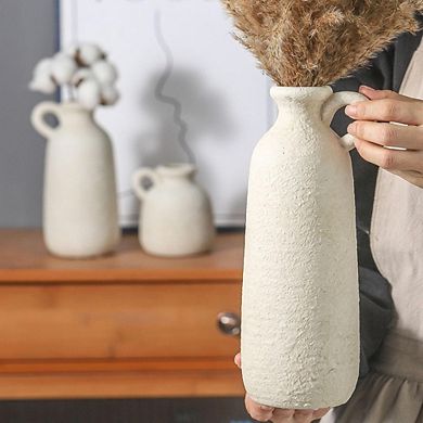 Ceramic Vase Set of 3 with Handle, Rustic Farmhouse Decorative Vases