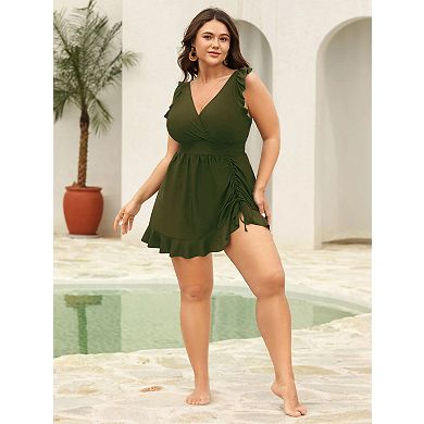 Plus Size Women One Piece Swimsuit Ruched Drawstring Ruffle Bathing Suits