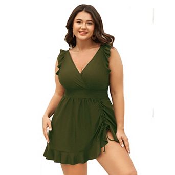 Plus Size Women One Piece Swimsuit Ruched Drawstring Ruffle Bathing Suits