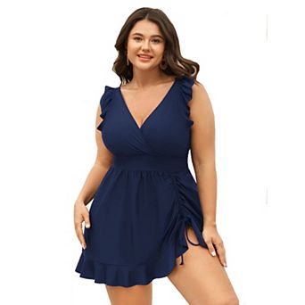 Plus Size Women One Piece Swimsuit Ruched Drawstring Ruffle Bathing Suits