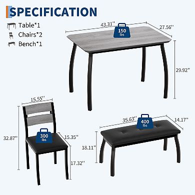 Space-Saving 4-Piece Dining Table Set Modern Wooden Table, Upholstered Bench & 2 Cushioned Chairs