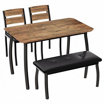 Space-Saving 4 pc Dining Table Set Modern Wooden Table, Upholstered Bench & 2 Cushioned Chairs
