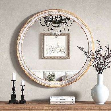 30" Round Rustic Boho Solid Wood Farmhouse Wall Mirror for Bathroom Vanity