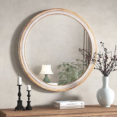 30" Round Rustic Boho Solid Wood Farmhouse Wall Mirror for Bathroom Vanity