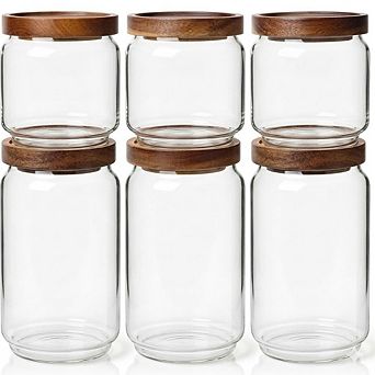 Airtight Glass Pantry Storage Canister with Wood Lid, Stackable Jar