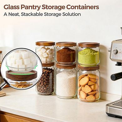 Airtight Glass Pantry Storage Canister with Wood Lid, Stackable Jar