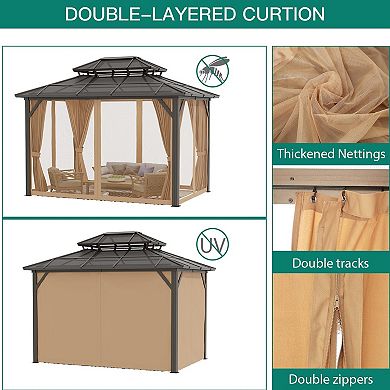 Permanent Hardtop Gazebo Outdoor Pavilion Double Polycarbonate Roof, Sturdy Aluminum Frame