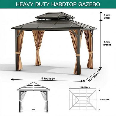 Permanent Hardtop Gazebo Outdoor Pavilion Double Polycarbonate Roof, Sturdy Aluminum Frame