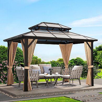 Permanent Hardtop Gazebo Outdoor Pavilion Double Polycarbonate Roof, Sturdy Aluminum Frame