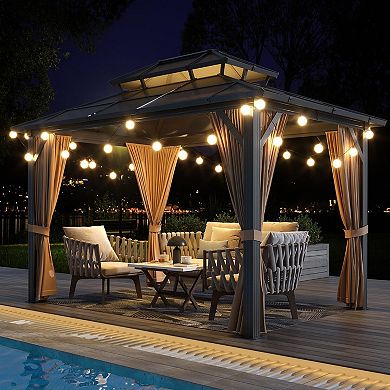 Permanent Hardtop Gazebo Outdoor Pavilion Double Polycarbonate Roof, Sturdy Aluminum Frame