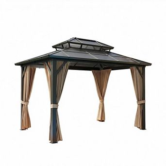 Permanent Hardtop Gazebo Outdoor Pavilion Double Polycarbonate Roof, Sturdy Aluminum Frame